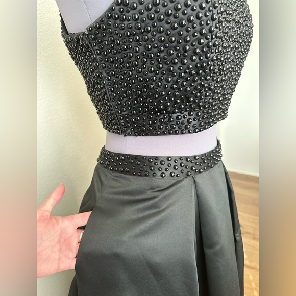 NWT Black Full Length Satin Beaded Two-Piece Formal Gown - Picture 4 of 16